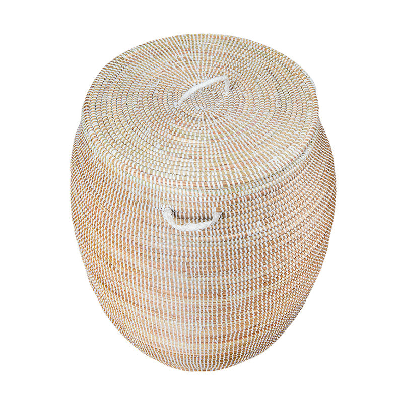 Dou Bou Ndaw basket. Tall, white, rounded, basket with handles and a flat lid. View from the top.